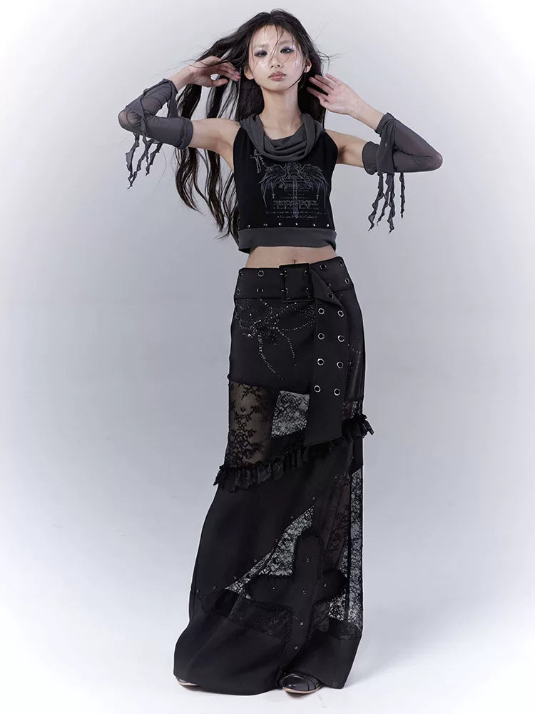 Rivet Print Patchwork Sleeveless T-Shirt & Arm Cover Set