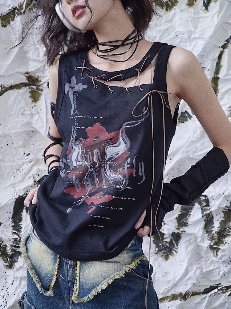 Tie-Strap Graphic Print Tank Top