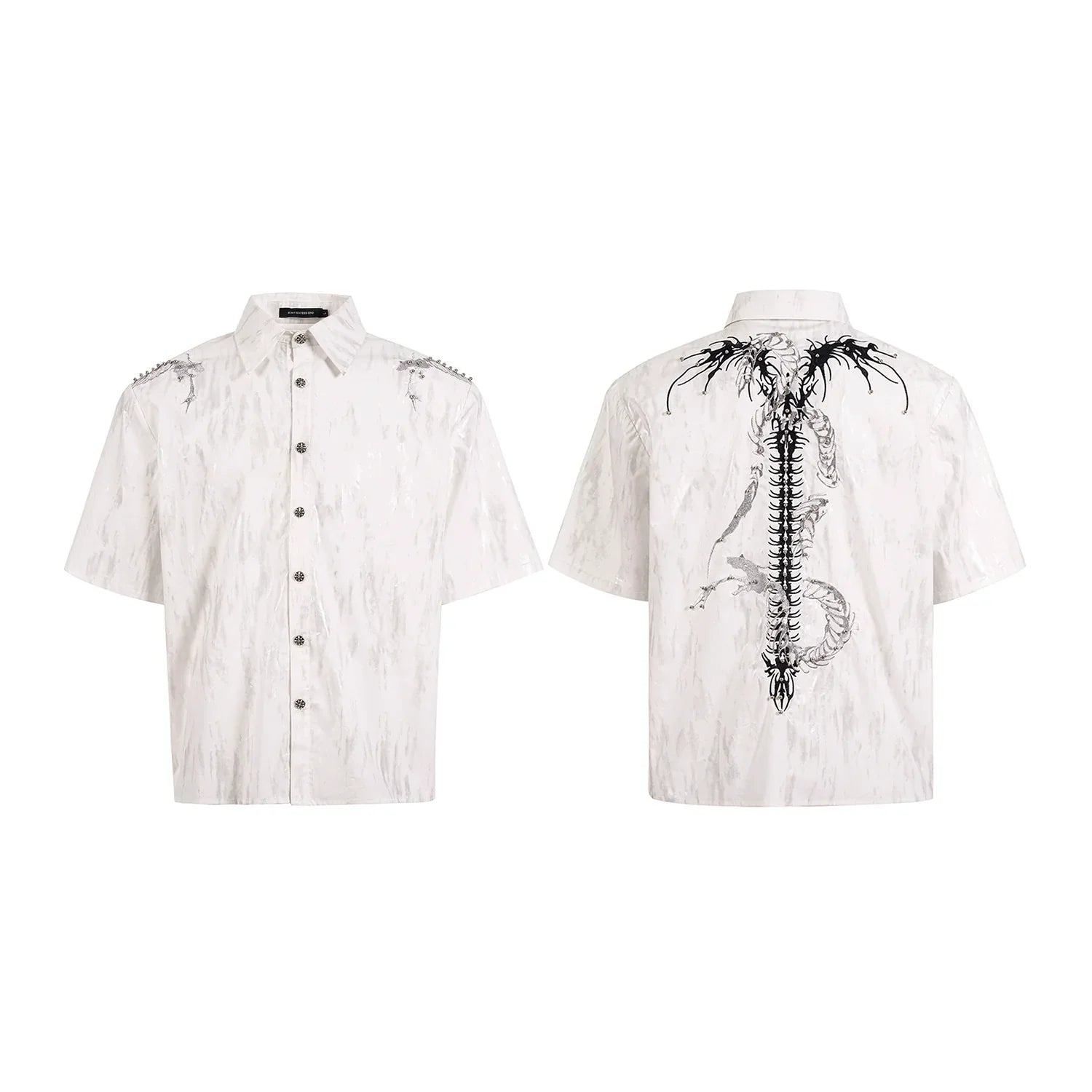 Snake Spine Beaded Foil Print Shoulder-pad Short Sleeve Shirt