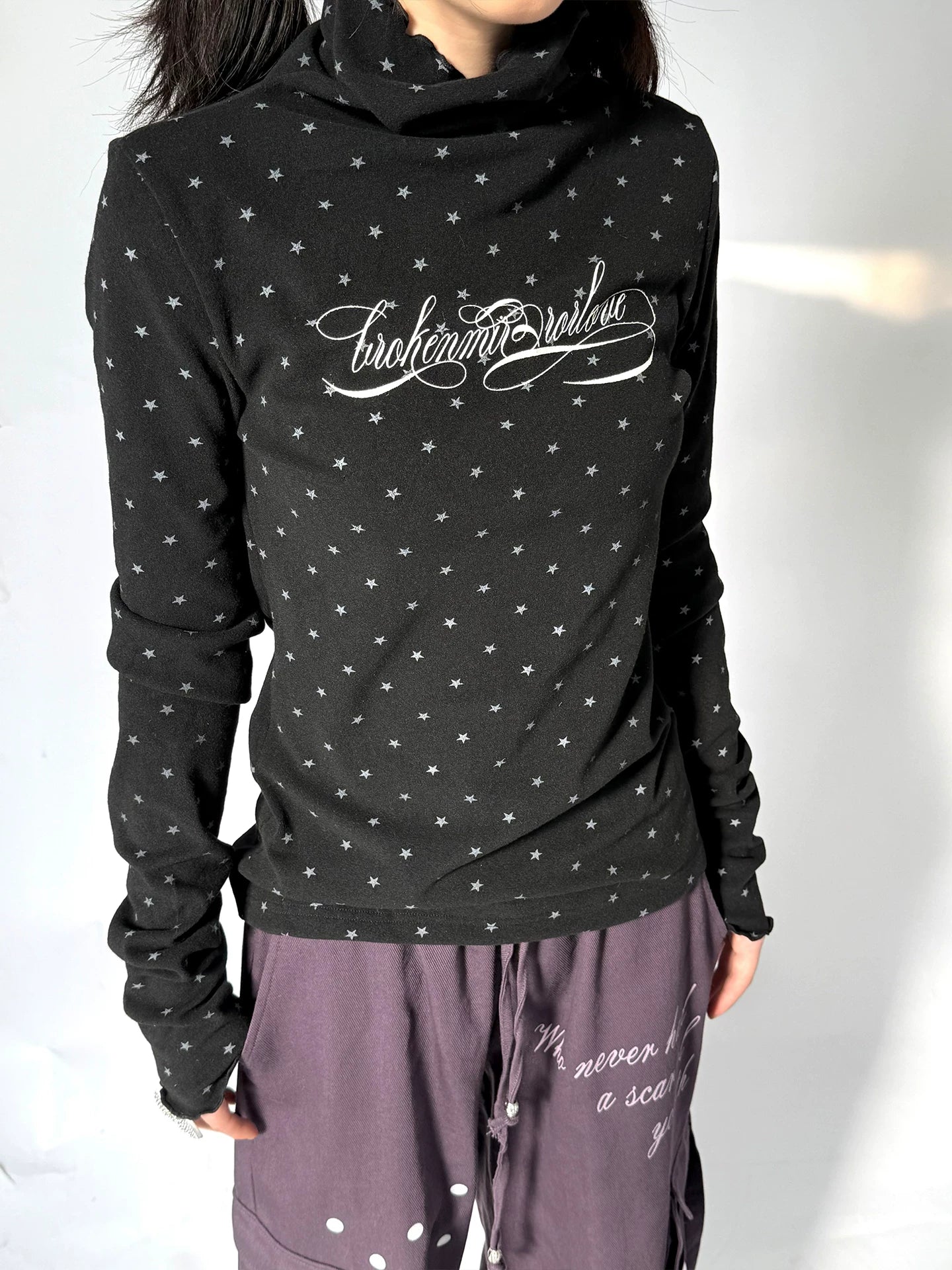 Polka Dot Print High-Neck Long Sleeve T-Shirt