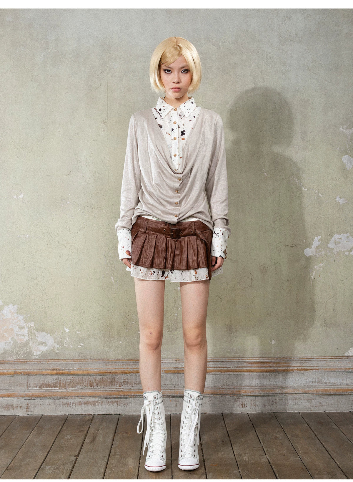 V-Neck Fake Layered Patchwork Long Sleeve Shirt