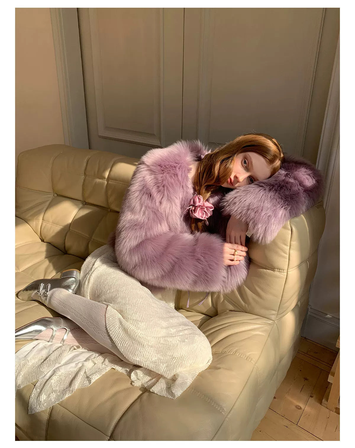 PU Leather Mix Bow Fur Jacket