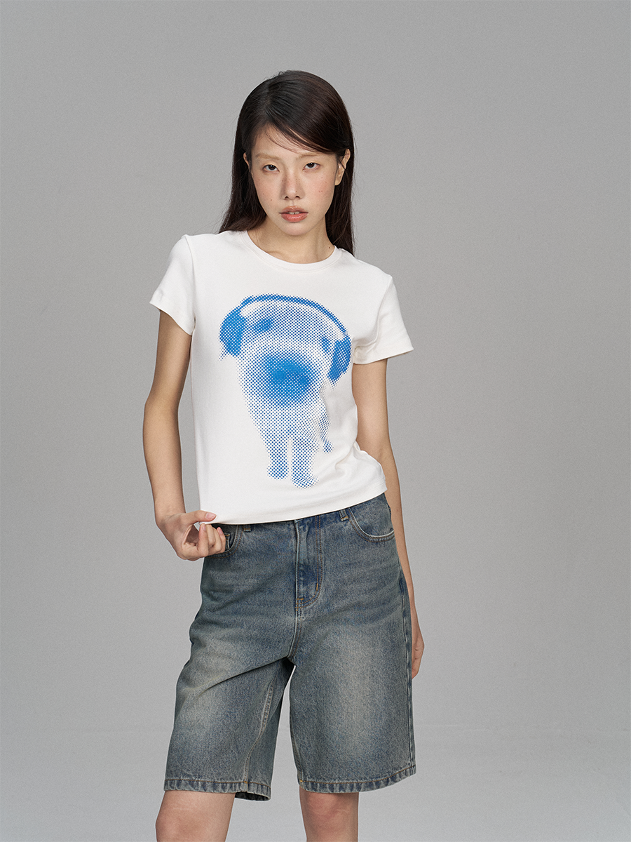 Puppy Print Slim Short Sleeves Crop T-Shirt