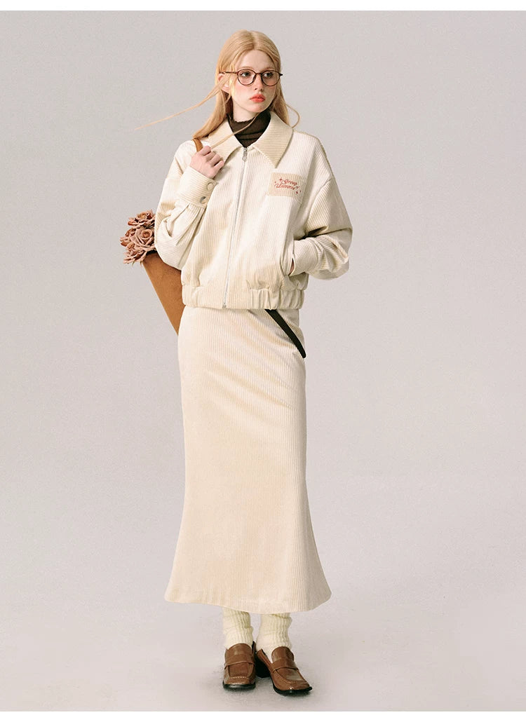 Velvet Collar Jacket & Long Skirt & Pleats Short Skirt Setup