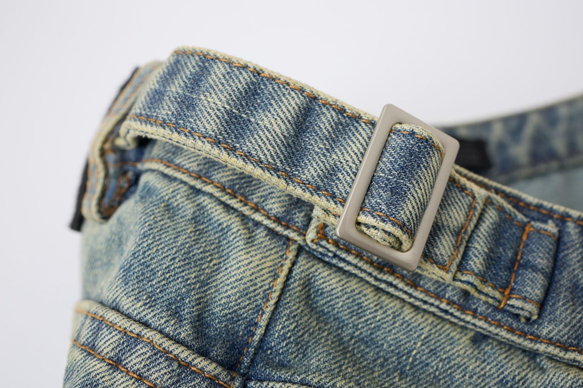 Washed Whisker Metal Buckle Denim Jort