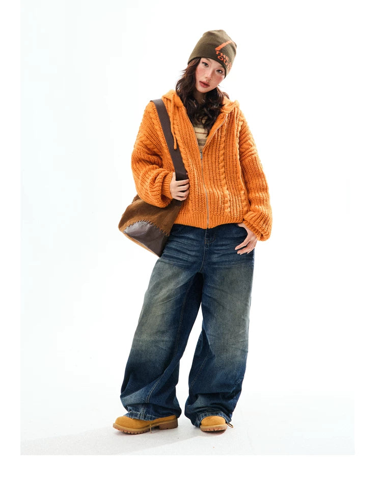 Chunky Knit Zipper Hooded Oversize Cardigan