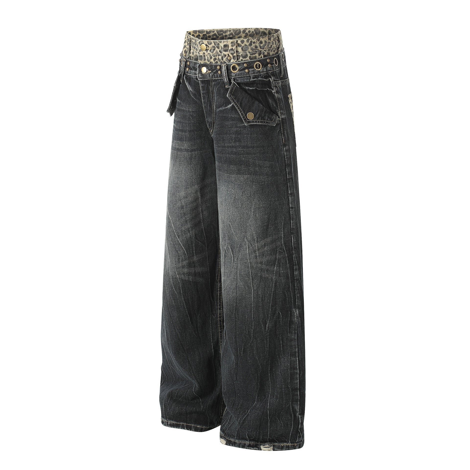 Leopard Waistband Washed Whisker Wide Leg Denim Jeans
