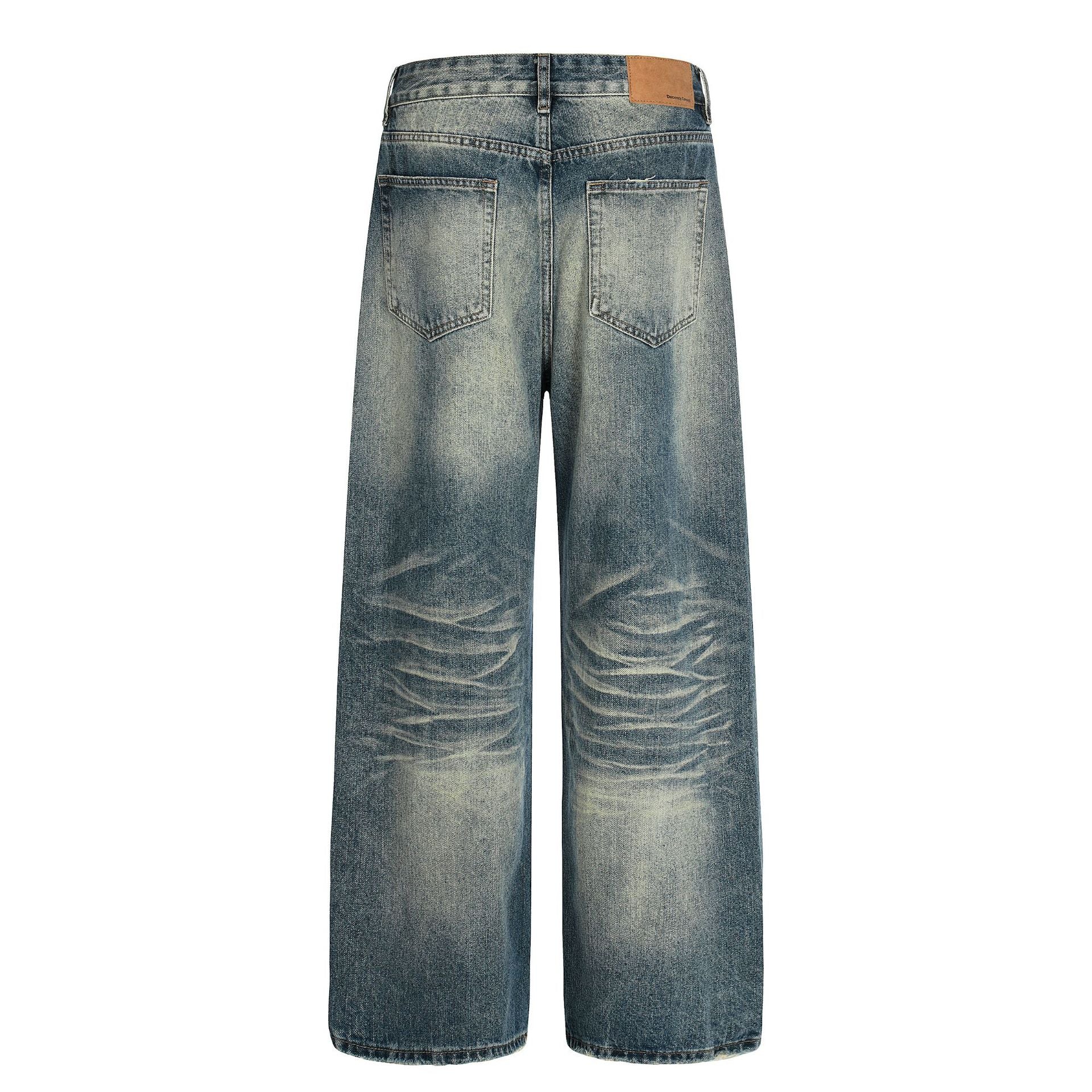 Whisker Damage Wide Leg Denim Jeans