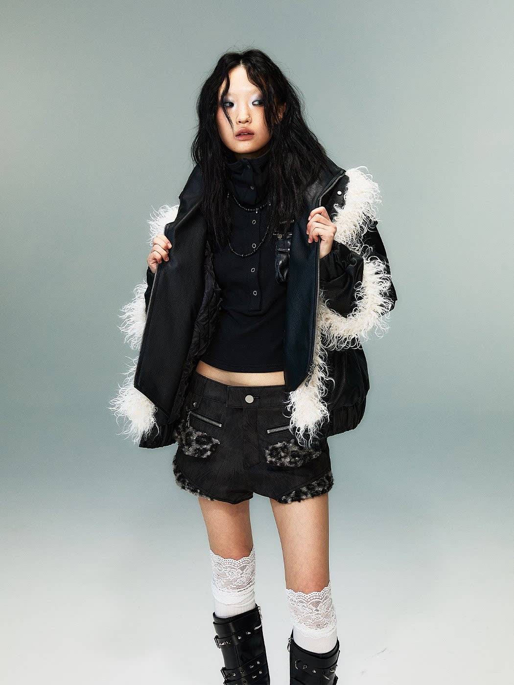 Fake Layered Washed Thickened PU Leather Padded Short Jacket