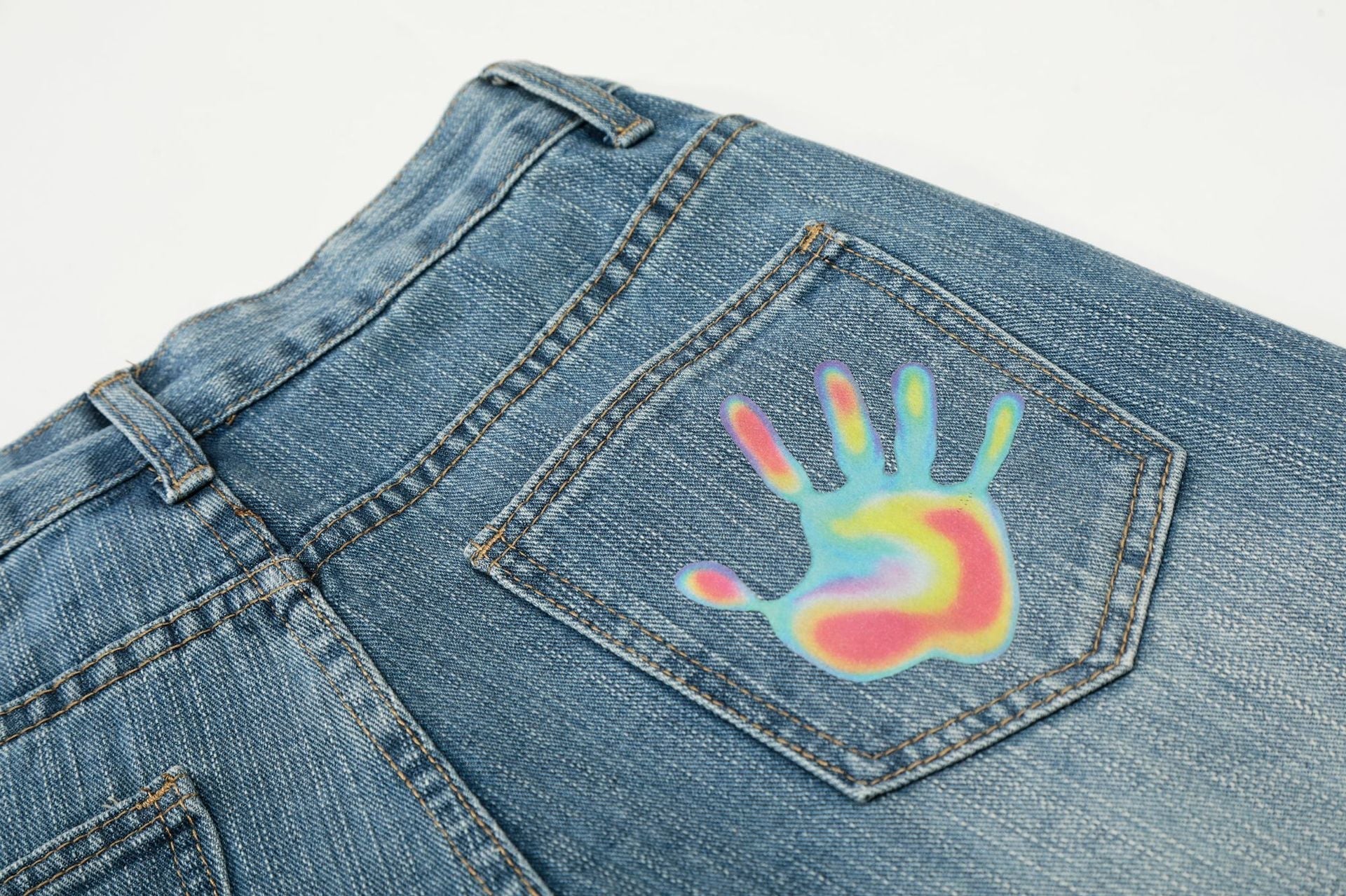 Star Heart Print Curved Wide Leg Denim Jeans