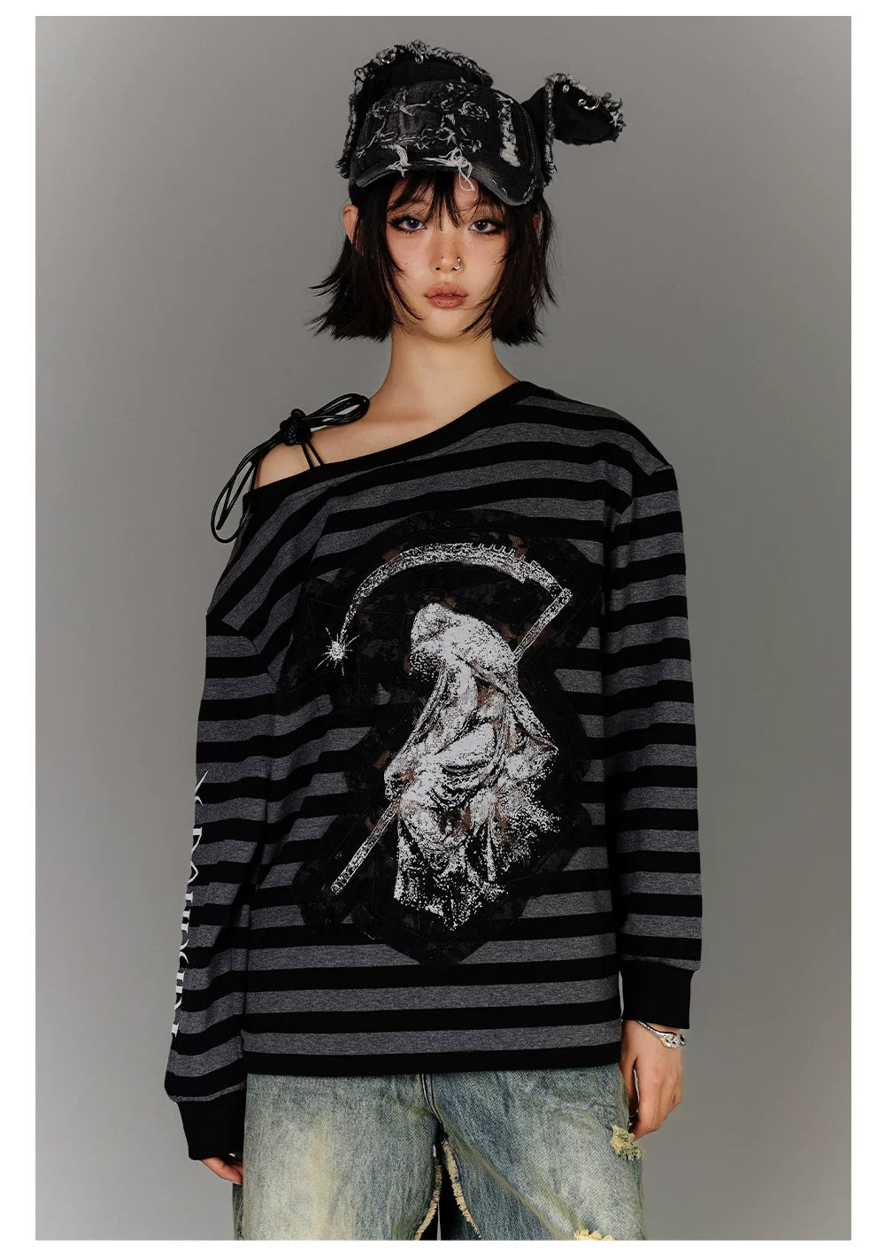 Off-Shoulder Drawstring Stripe Oversize Long Sleeve T-Shirt