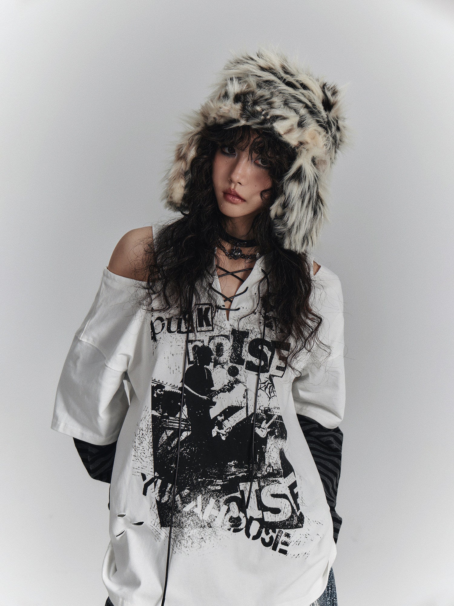Fake Layered Drawstring V-Neck Long Sleeve T-Shirt