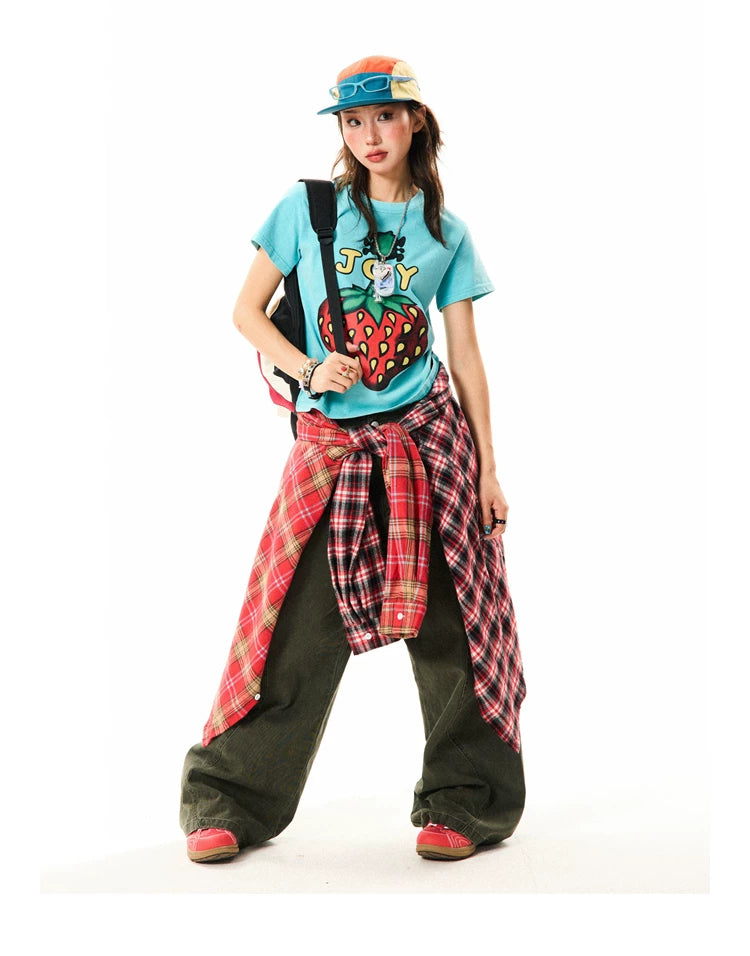 Strawberry Print Cropped Short Sleeve T-Shirt