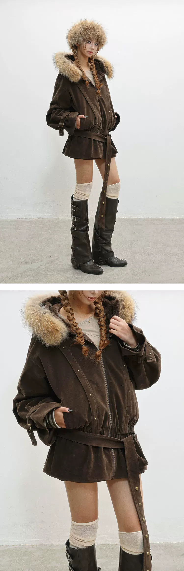French Inspired Fleece Fake Rabbit Fur Lining Jacket