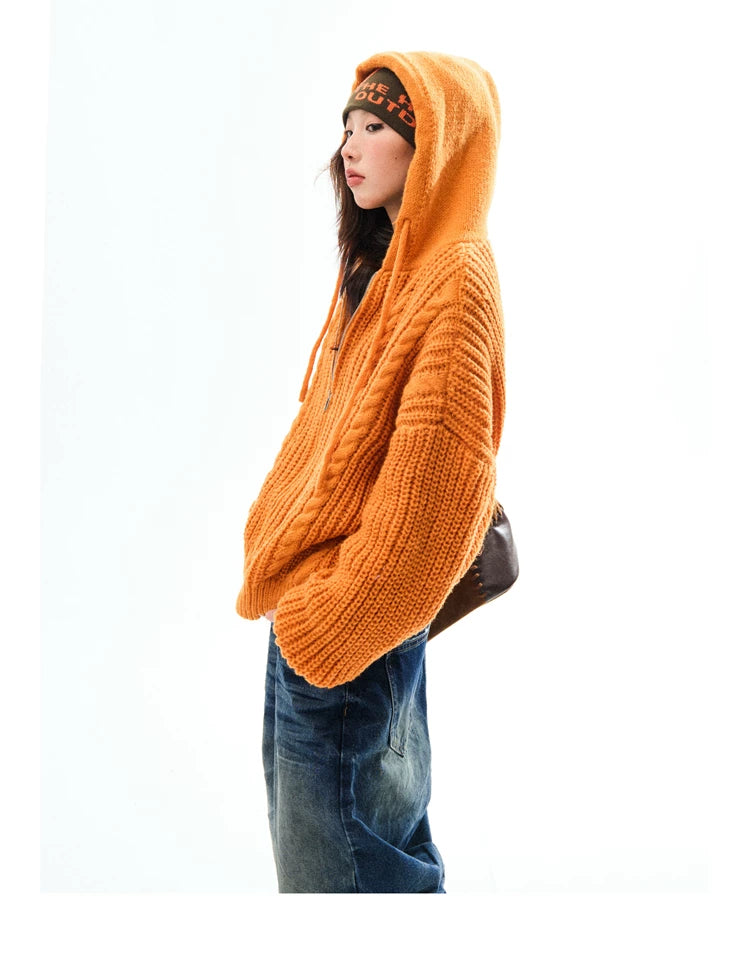 Chunky Knit Zipper Hooded Oversize Cardigan