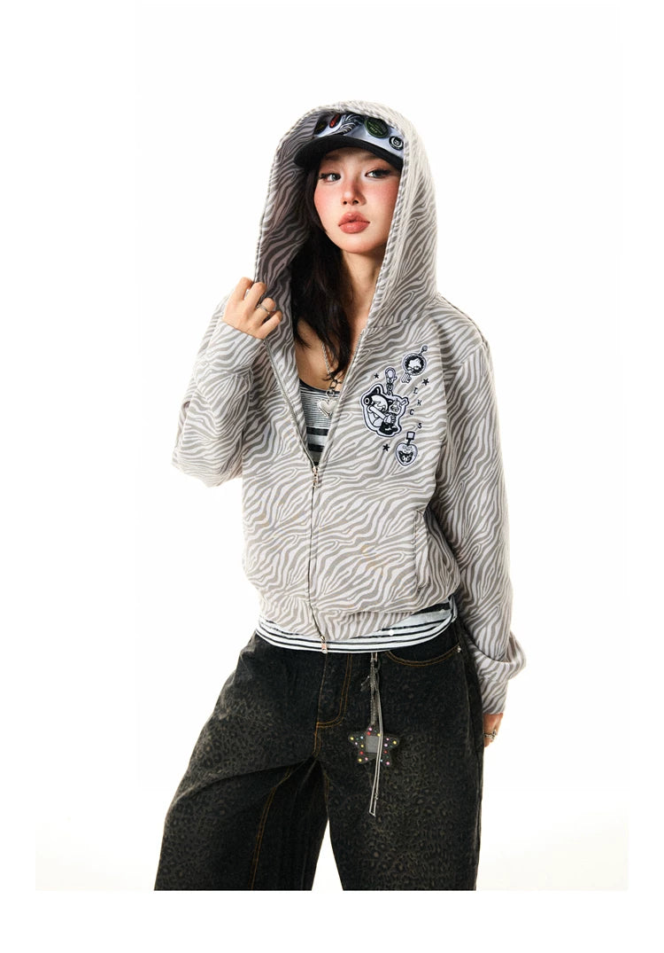 Zebra Print Graphic Zip-Up Hoodie