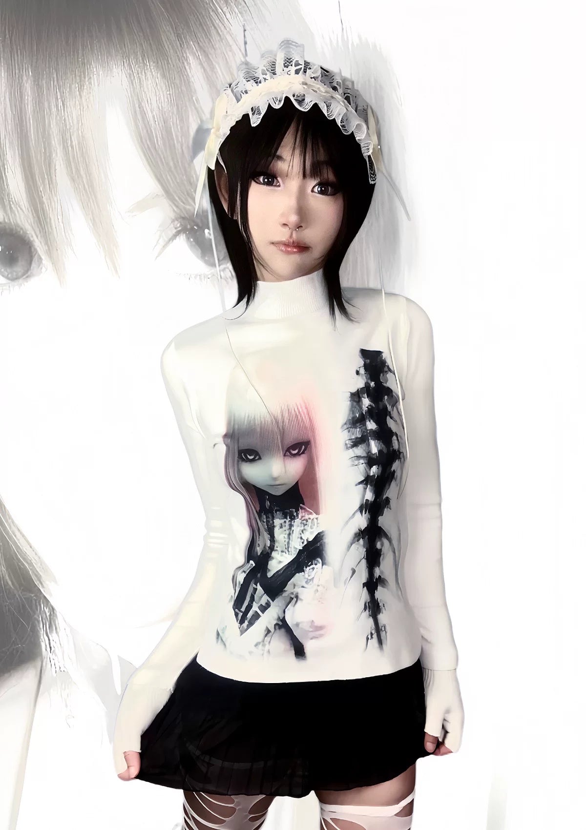 3D Doll Design High-Neck Knit Sweater