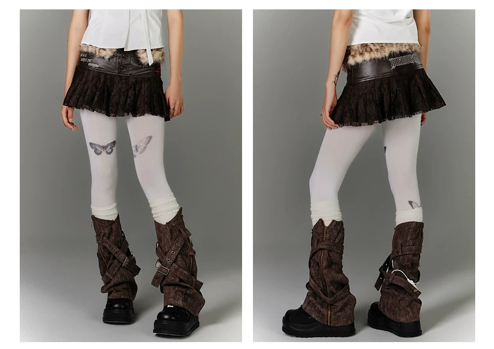 Fake Fur Panel Lace Pleats Short Skirt