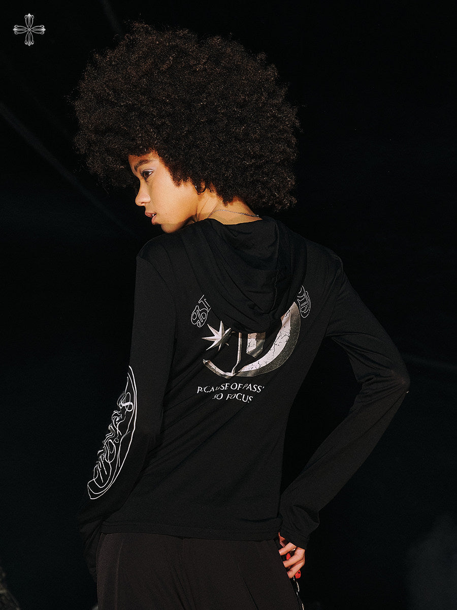 Hooded Button Print Long Sleeve T-Shirt