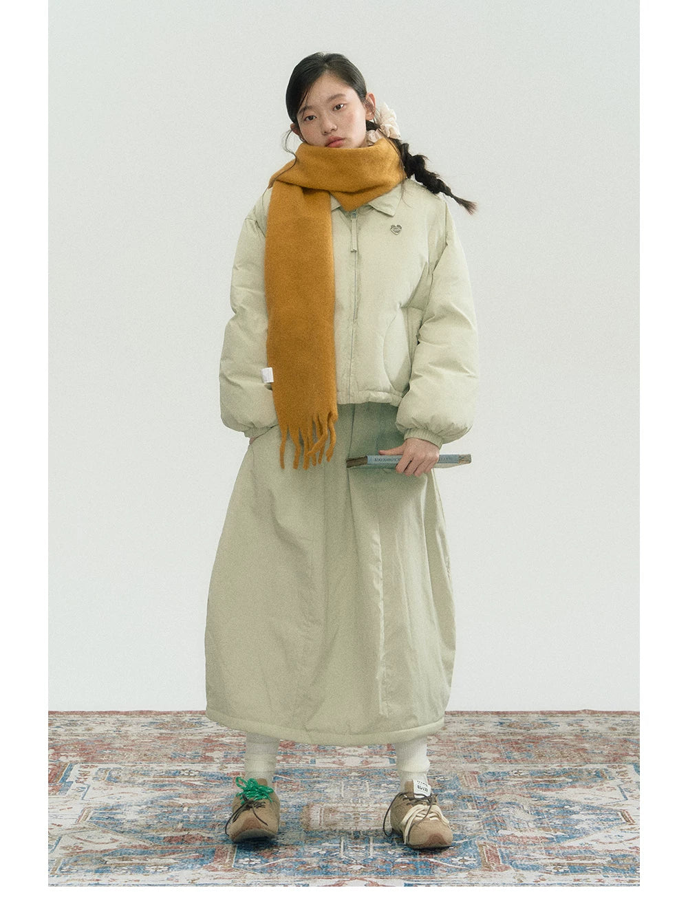 Drawstring Short Puffer Jacket & Pleated Skirt Setup