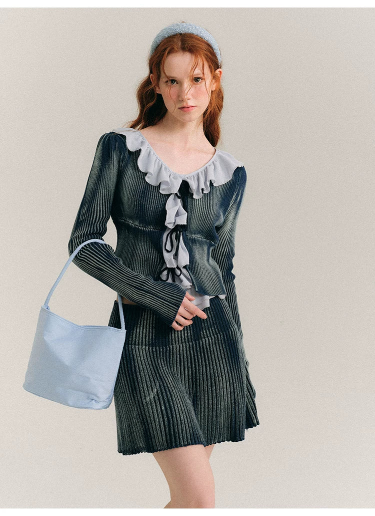 Frill Knit Cardigan & Short Rib Knit Skirt Setup