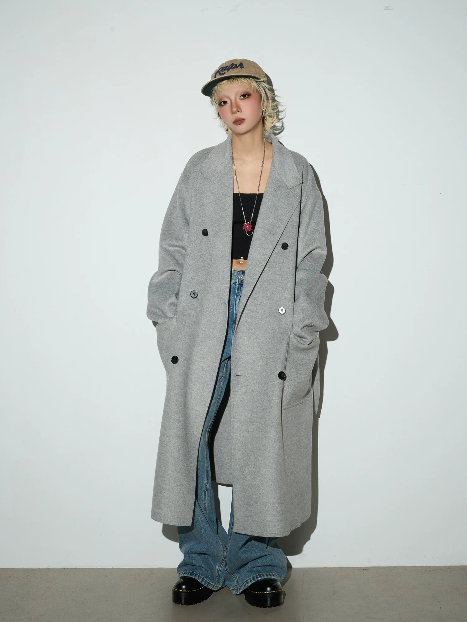 Double Breasted Belted Long Length Coat