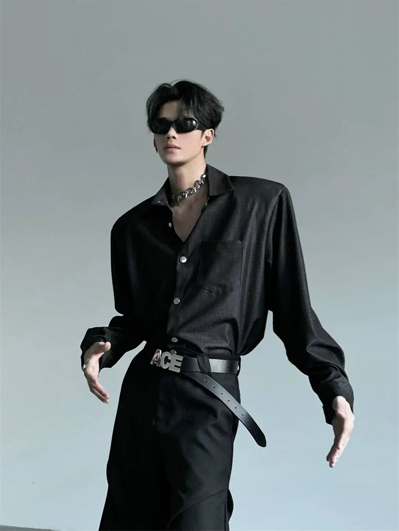 Studs Button Design Shoulder-Pad Long Sleeve Shirt