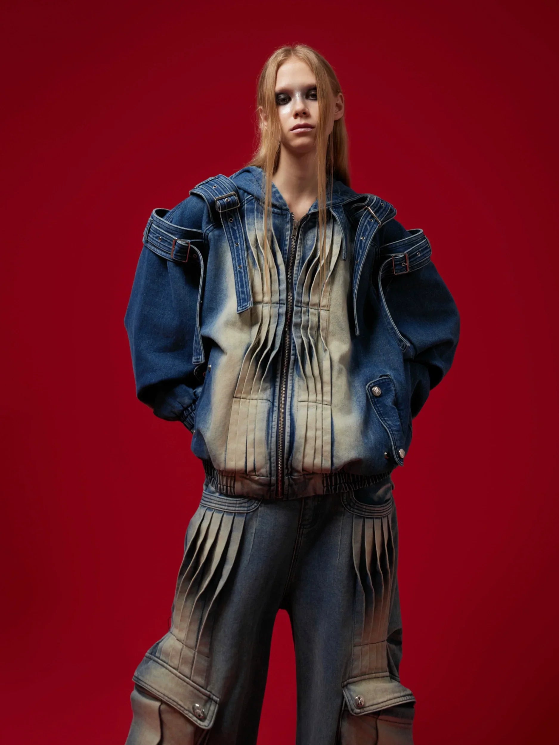 Heavyweight Zipper Denim Hooded Jacket & Wide Leg Denim Jeans Setup