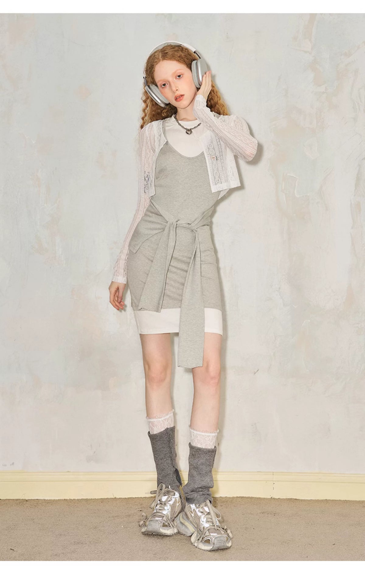 Splicing Fake Layered Round Neck Waist Cinching Dress
