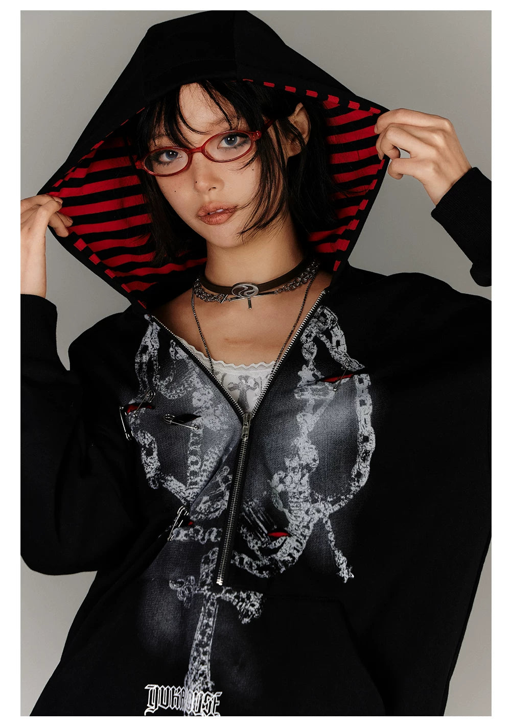 Fake Layered Zipper Stripe Oversize Pullover Hoodie