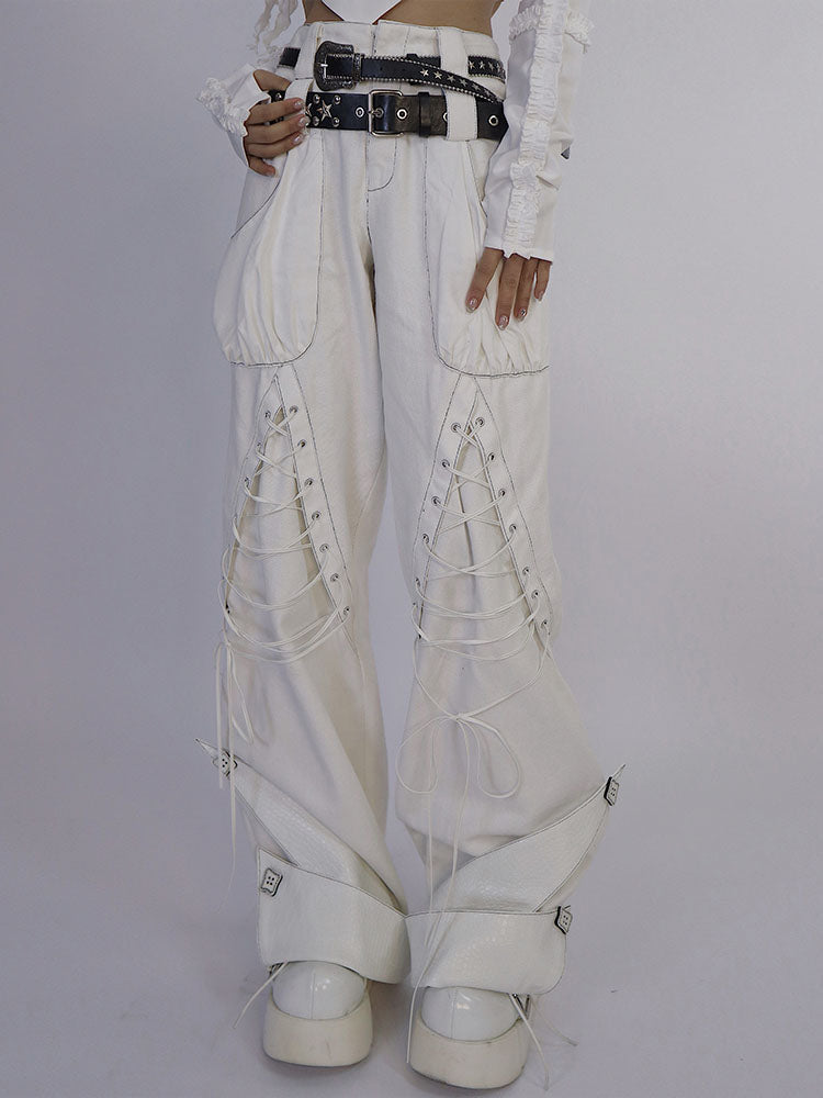 Tie-Strap Double-Waist Wide Leg Denim Jeans & Belt