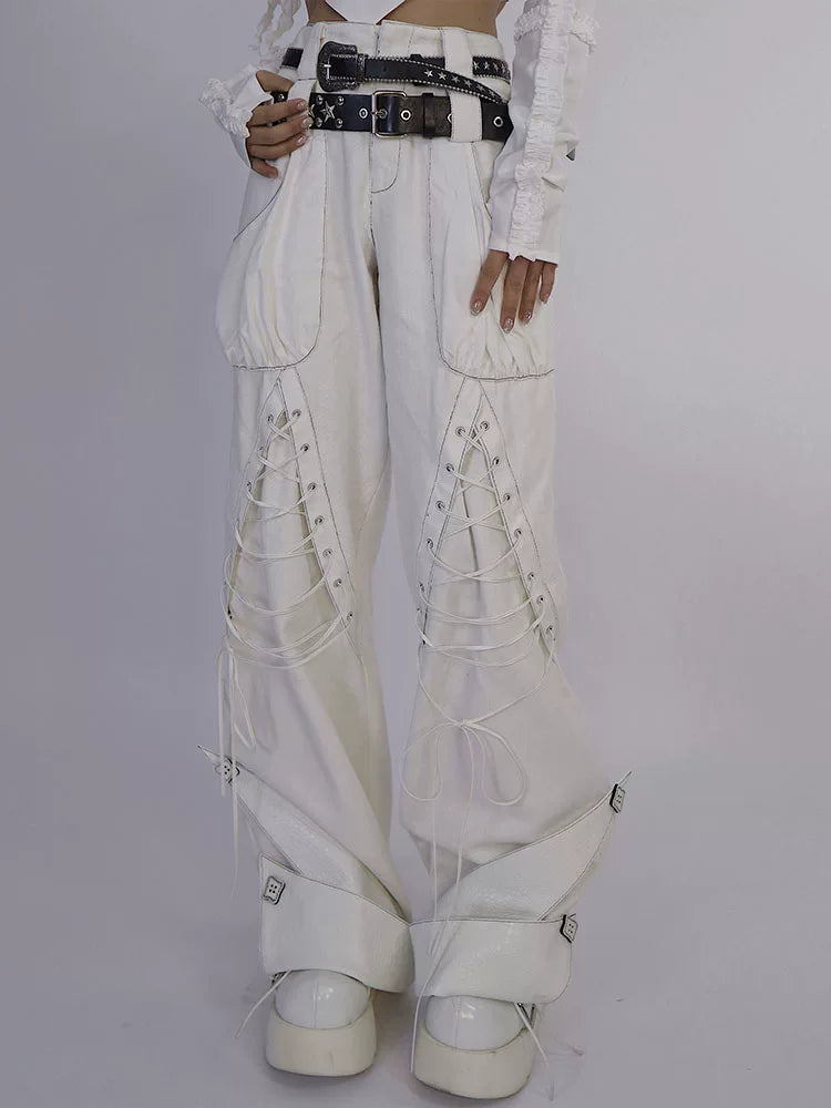 Tie-Strap Double-Waist Wide Leg Denim Jeans & Belt