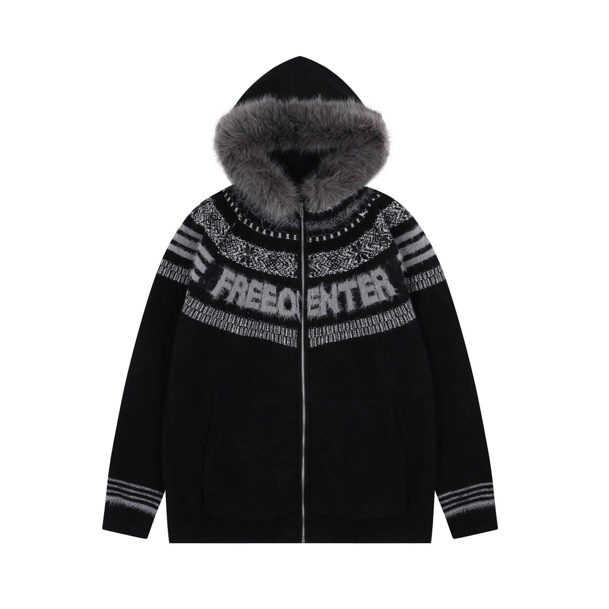 Fair Isle Hooded Detachable Fur Collar Knit Cardigan