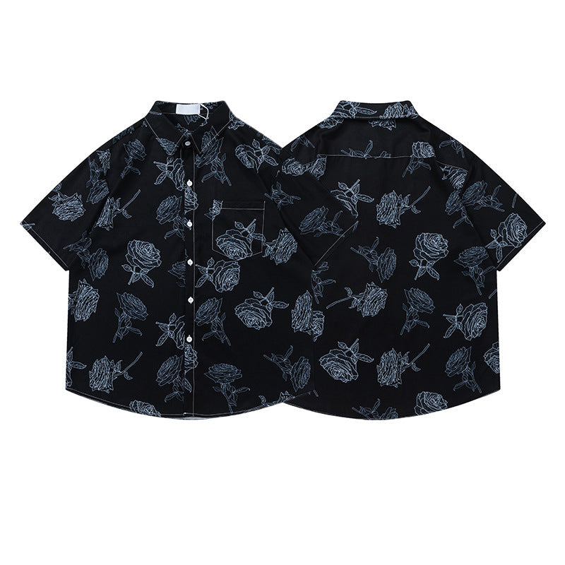 All-Over Rose Print Oversize Short Sleeve Shirt