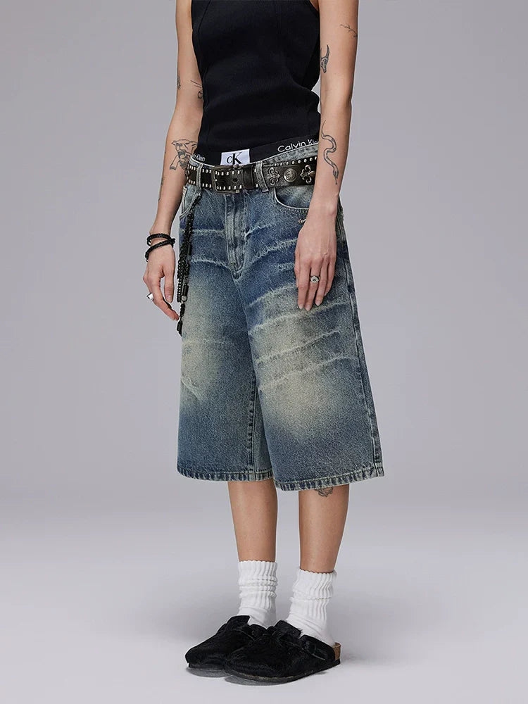 Washed Whisker Design Wide Leg Denim Short