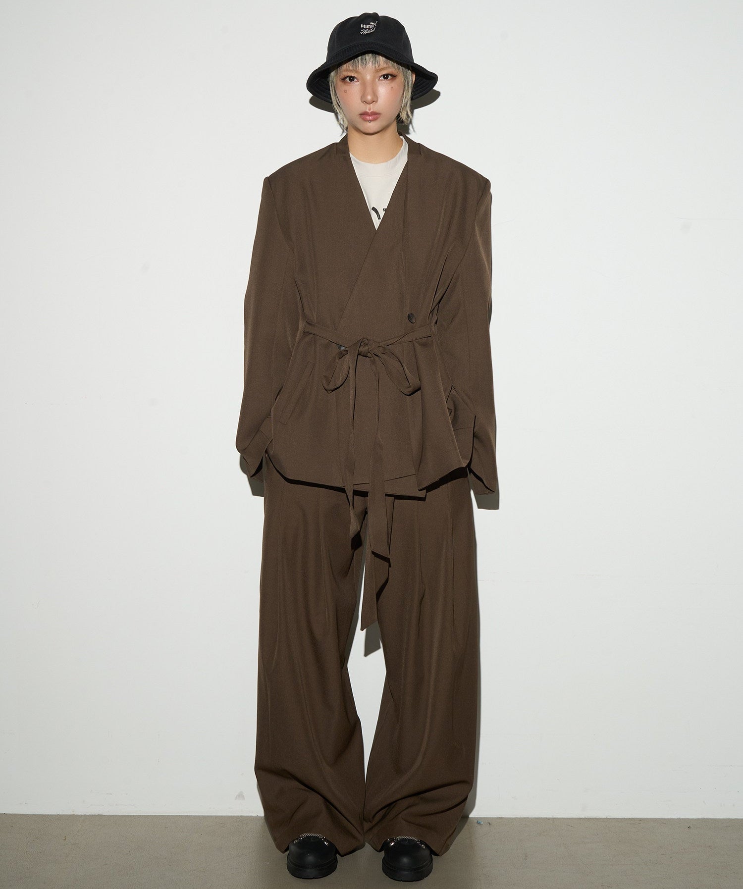 Wrap Tie Waist Tailored Jacket & Wide Leg Trousers Setup