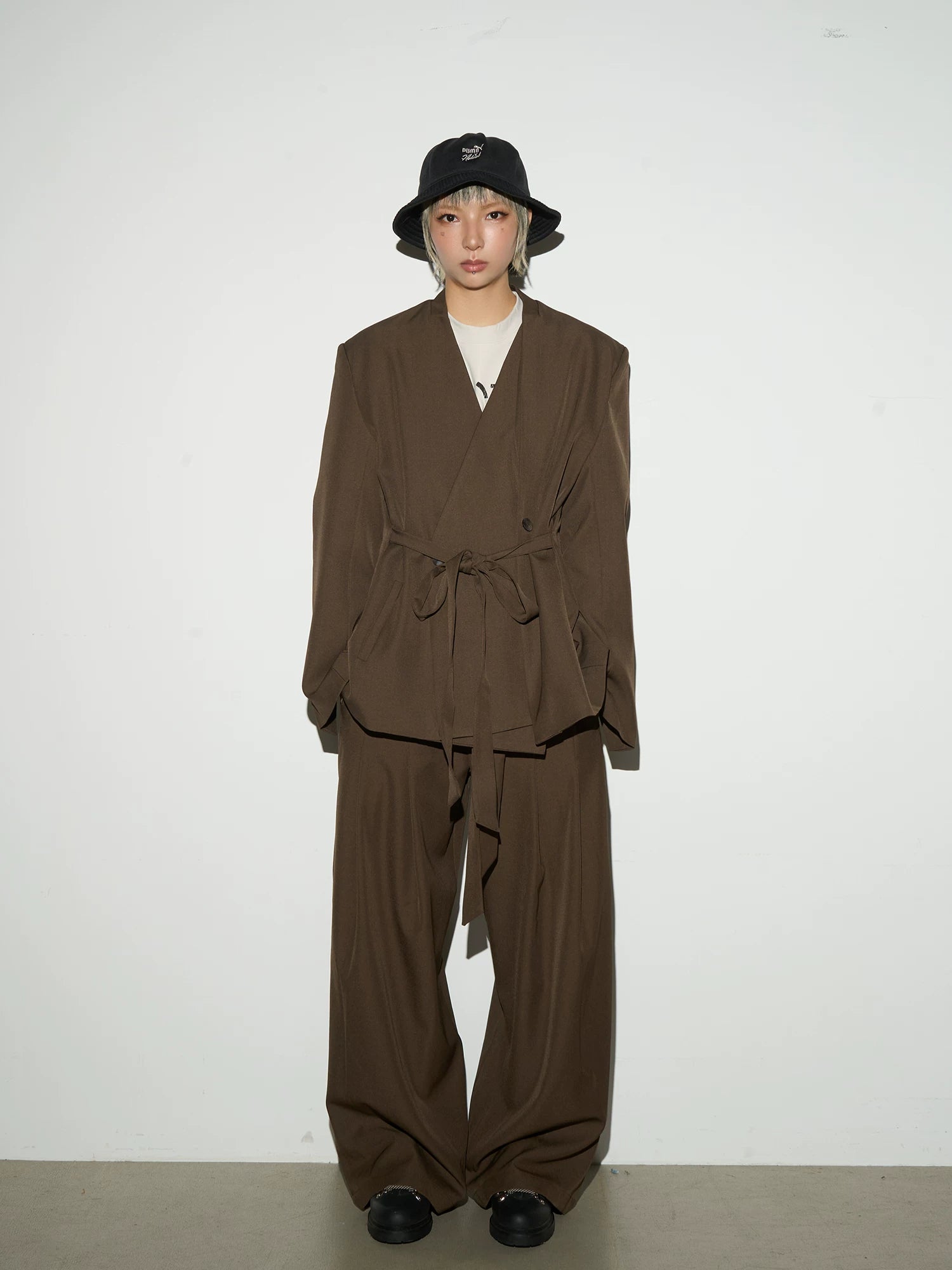 Wrap Tie Waist Tailored Jacket & Wide Leg Trousers Setup