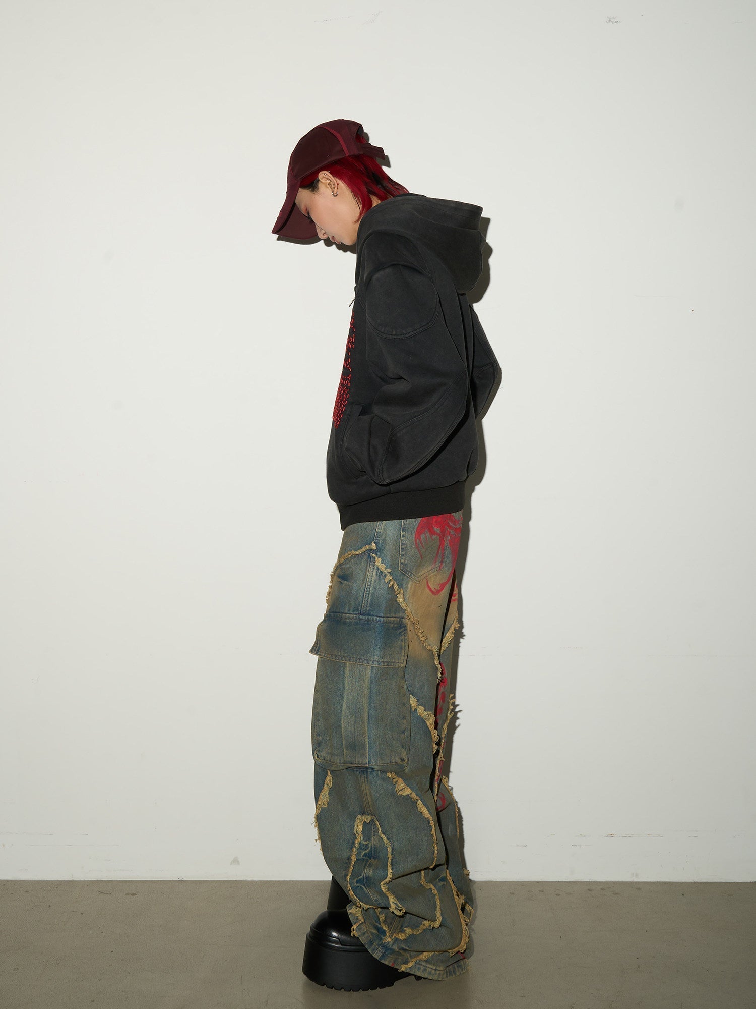 Embroidery Wash Damage Oversize Zipper Hoodie