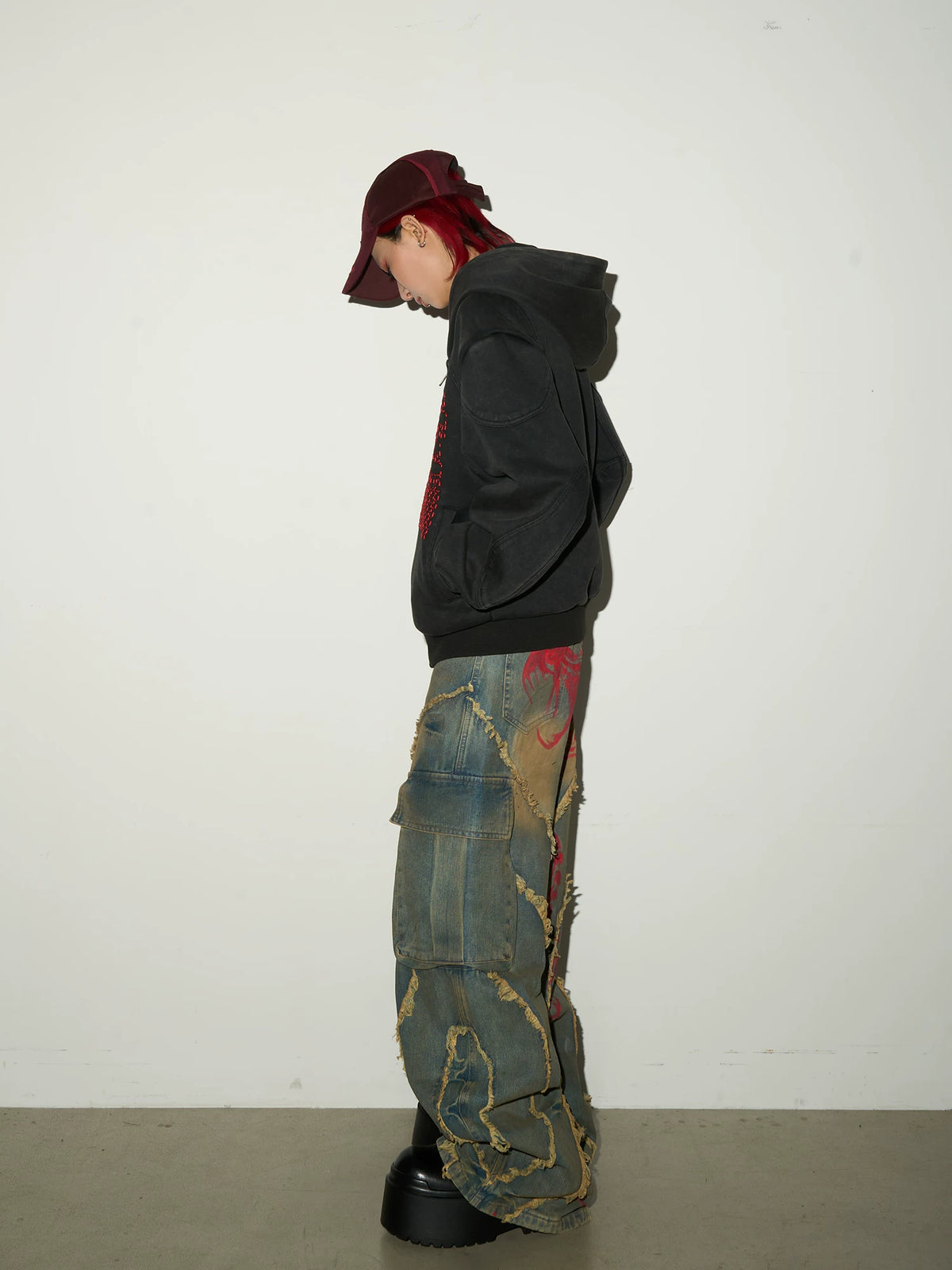 Embroidery Wash Damage Oversize Zipper Hoodie