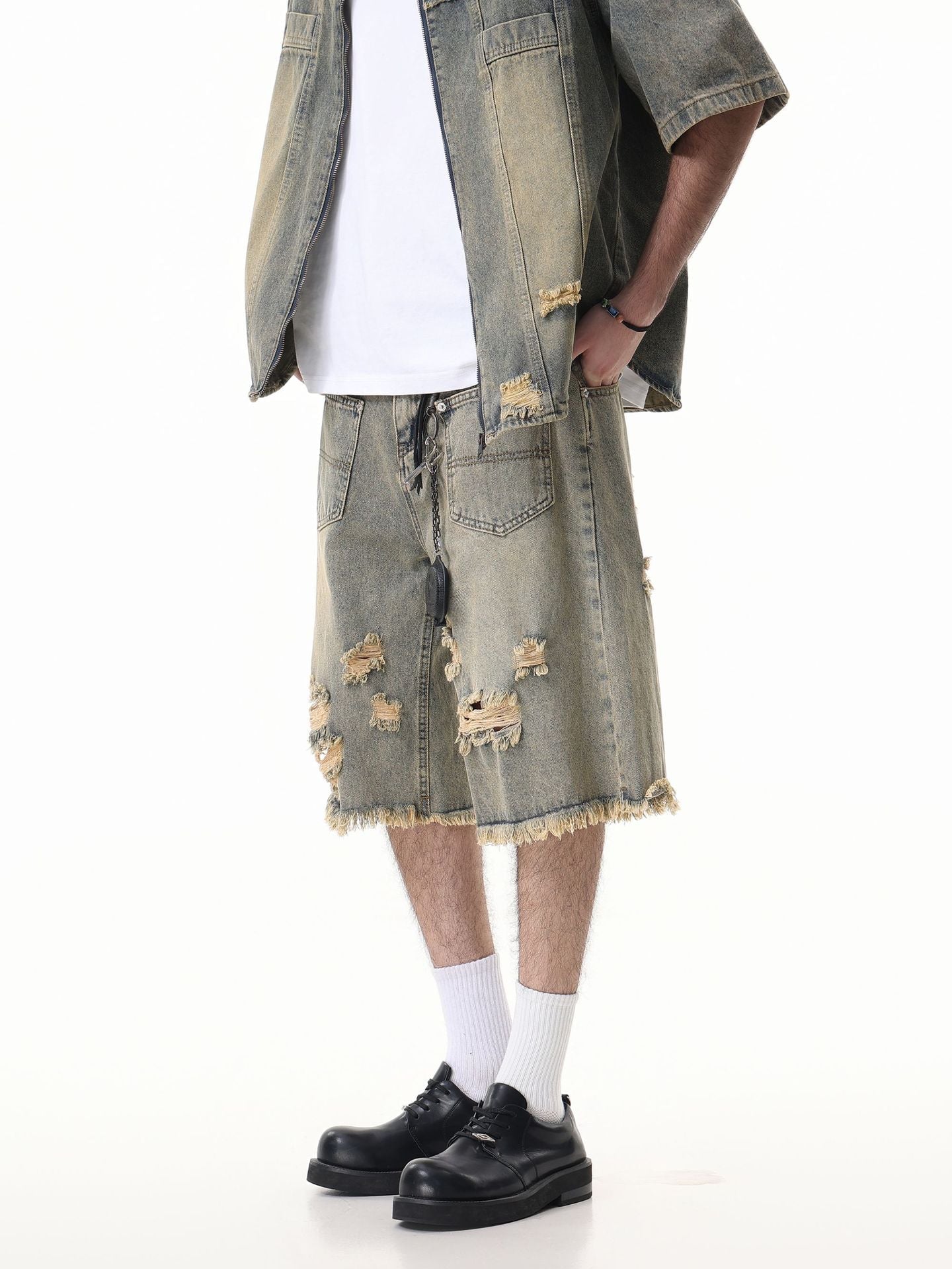Washed Damage Wide Leg Denim Short Pants