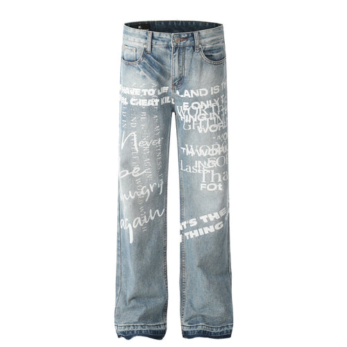 Calça Jeans Reta com Estampa de Letras - Azul / S