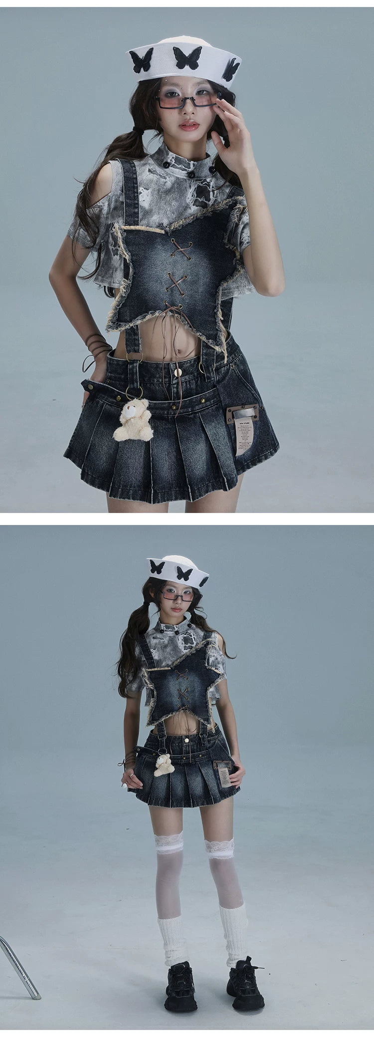Detachable Washed Suspender Denim Short Skirt & Inner Shirts Set