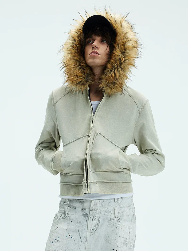 Detachable Fake Fur Washed Zipper Hoodie