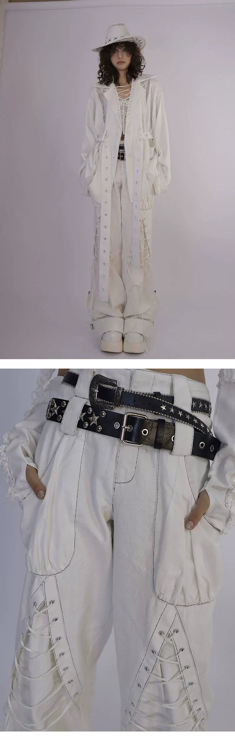 Tie-Strap Double-Waist Wide Leg Denim Jeans & Belt