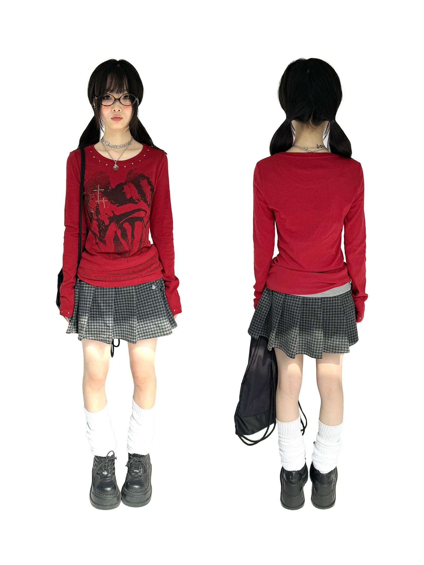 Cross Print Rivet Long Sleeve T-Shirt