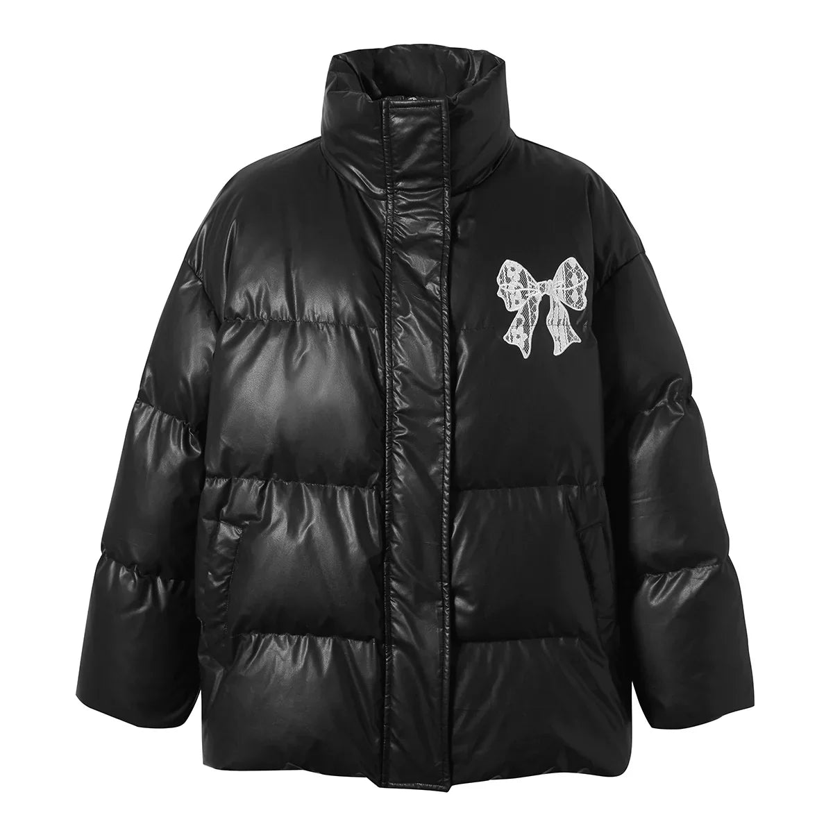 Fake PU Leather Stand Neck Lace Patchwork White Duck Down Jacket