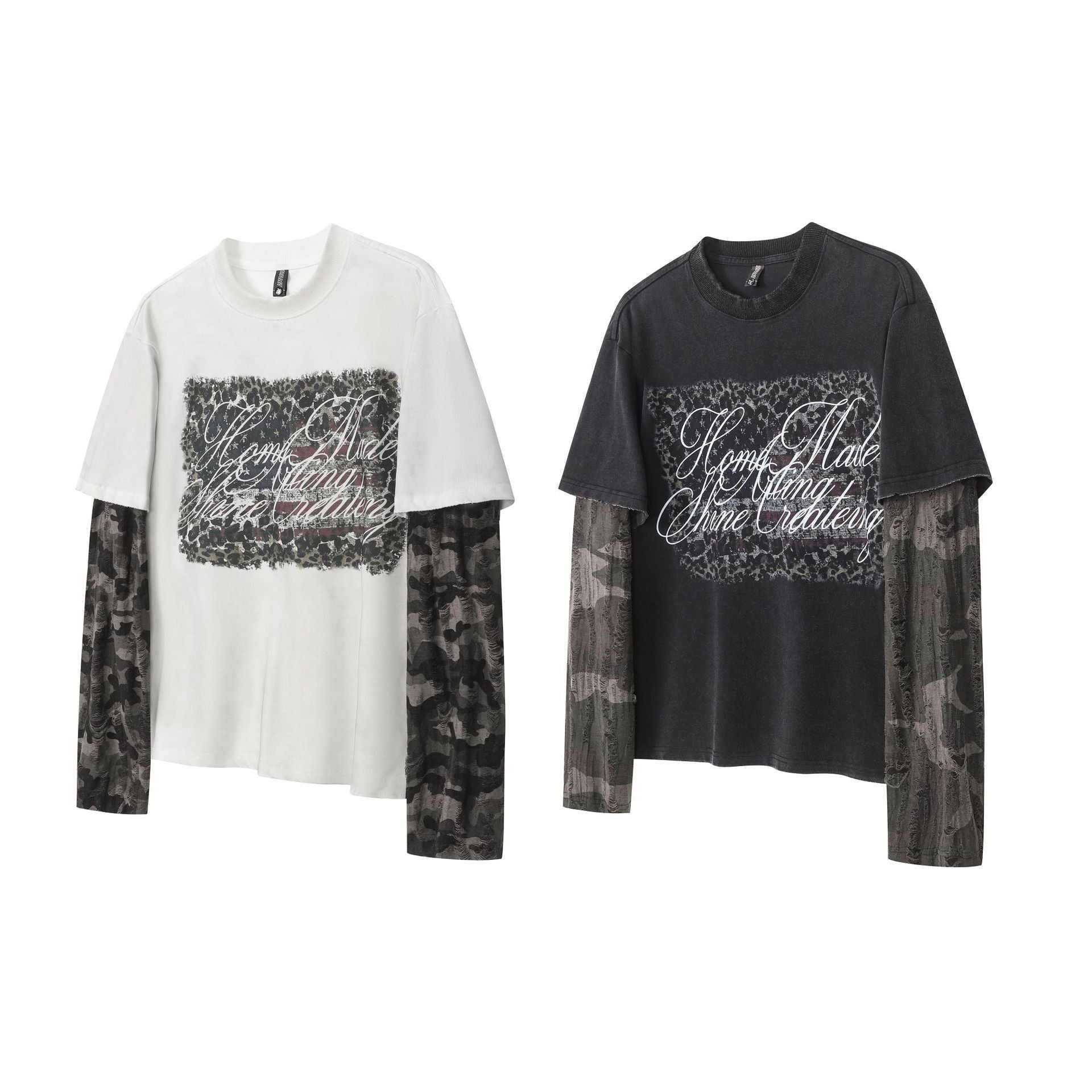 Fake Layered Camo Letter Print Washed Long Sleeve T-Shirt