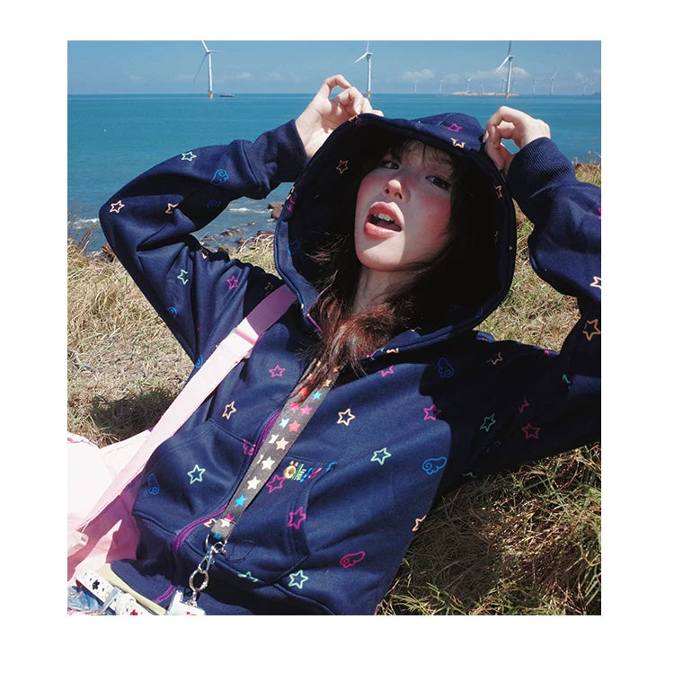 Star Print Fleece Zipper Hoodie