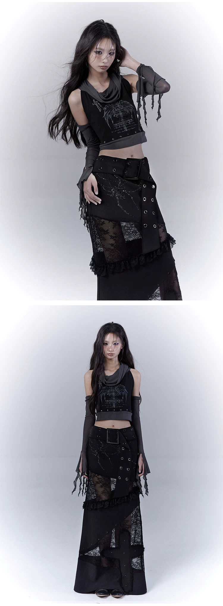 Rivet Print Patchwork Sleeveless T-Shirt & Arm Cover Set