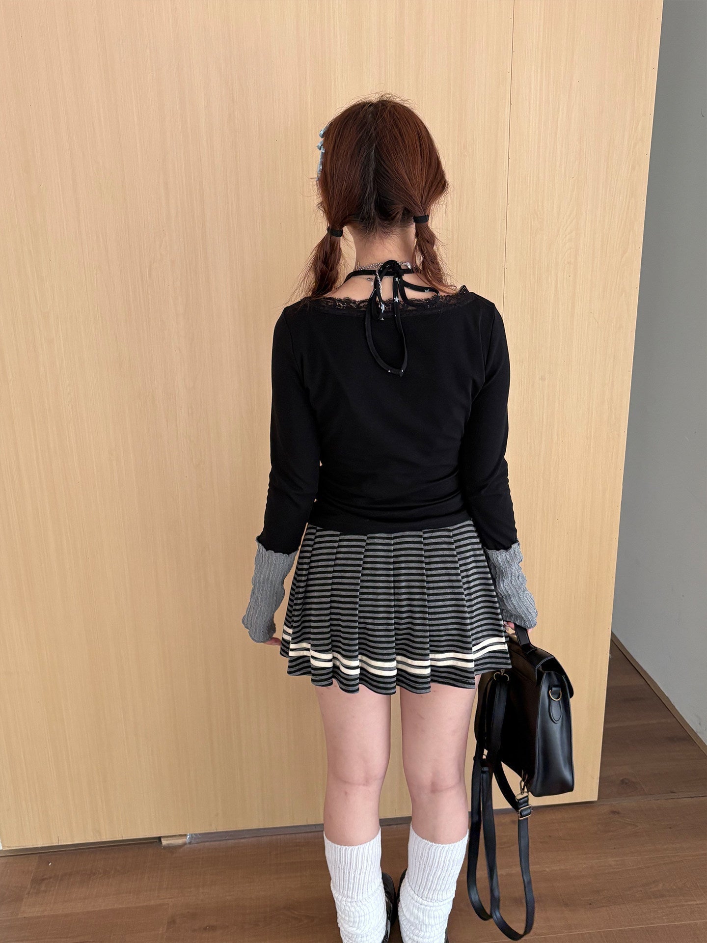 Star Print Pleated Striped Short Skirt
